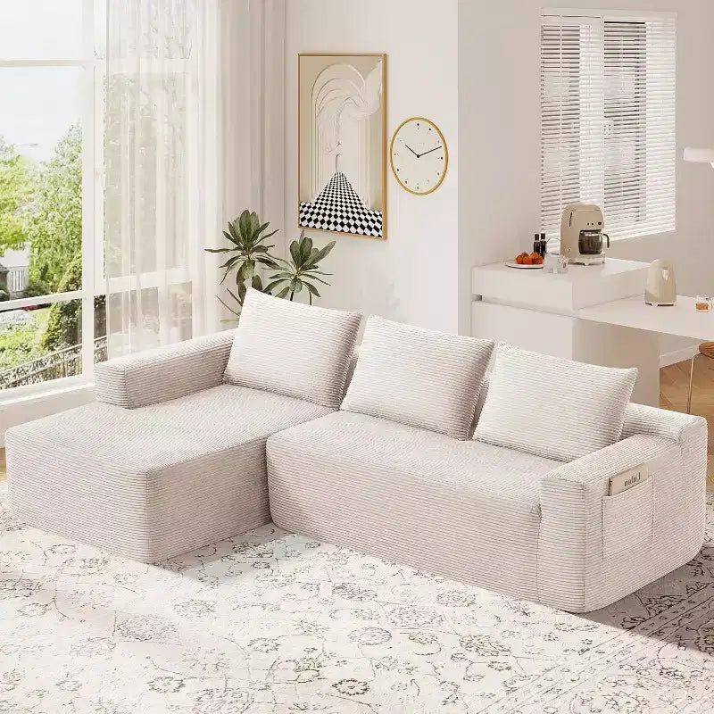 MooxvMoo 97 L-Shaped Modular Sectional Sofa, Boneless Couch with Left Facing Chaise, Deep Seats for Living Room, White