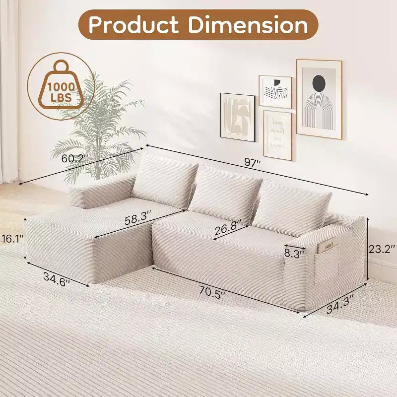 Canapé d'angle modulable MooxvMoo 97, canapé sans structure avec méridienne à gauche, assises profondes pour salon, blanc