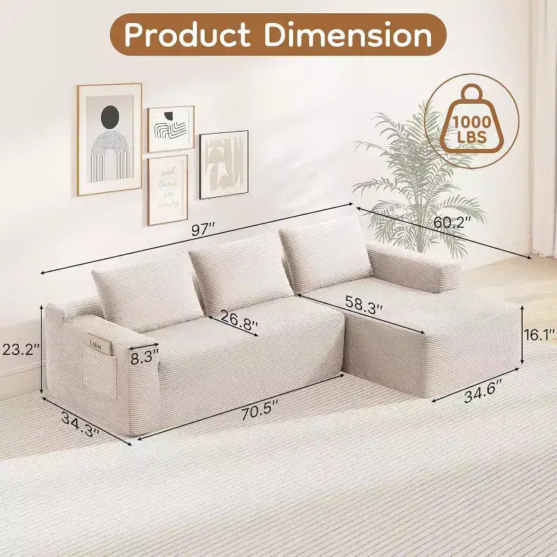 Canapé d'angle modulable MooxvMoo 97 en forme de L, canapé-lit à compression avec méridienne à droite, sièges profonds pour salon, blanc
