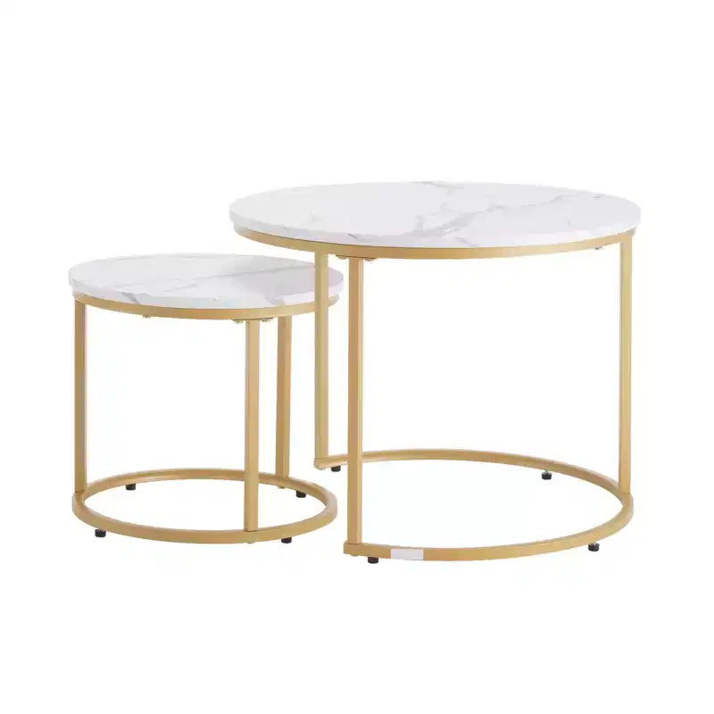 Ensemble de 2 tables basses gigognes en or blanc, tables d'appoint rondes de 60 cm en MDF imitation marbre et structure métallique pour petits espaces