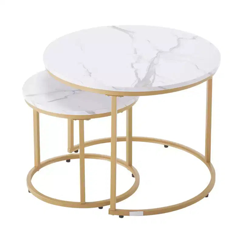 Ensemble de 2 tables basses gigognes en or blanc, tables d'appoint rondes de 60 cm en MDF imitation marbre et structure métallique pour petits espaces