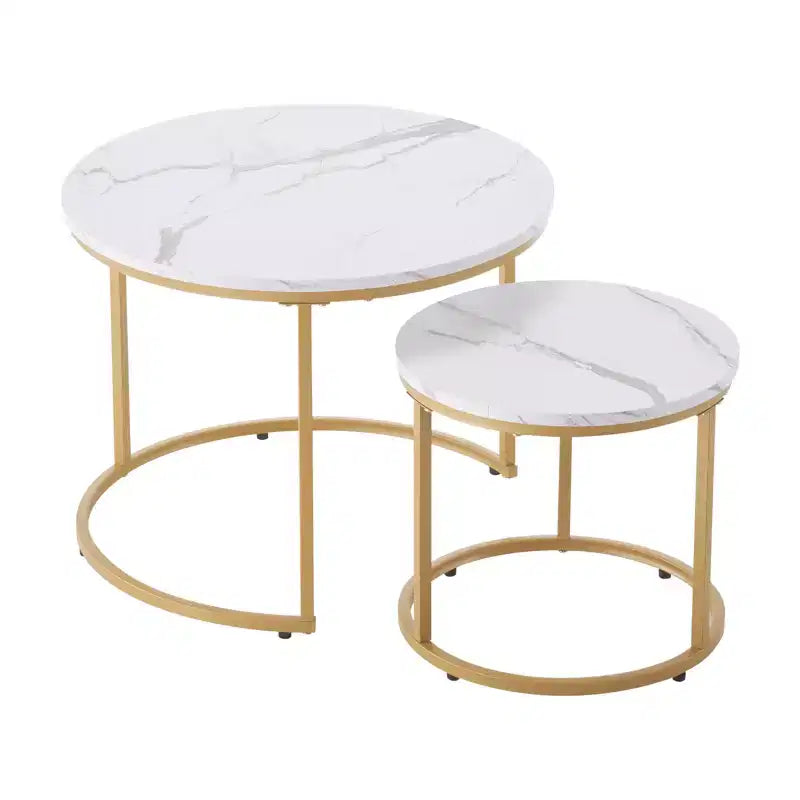 Ensemble de 2 tables basses gigognes en or blanc, tables d'appoint rondes de 60 cm en MDF imitation marbre et structure métallique pour petits espaces