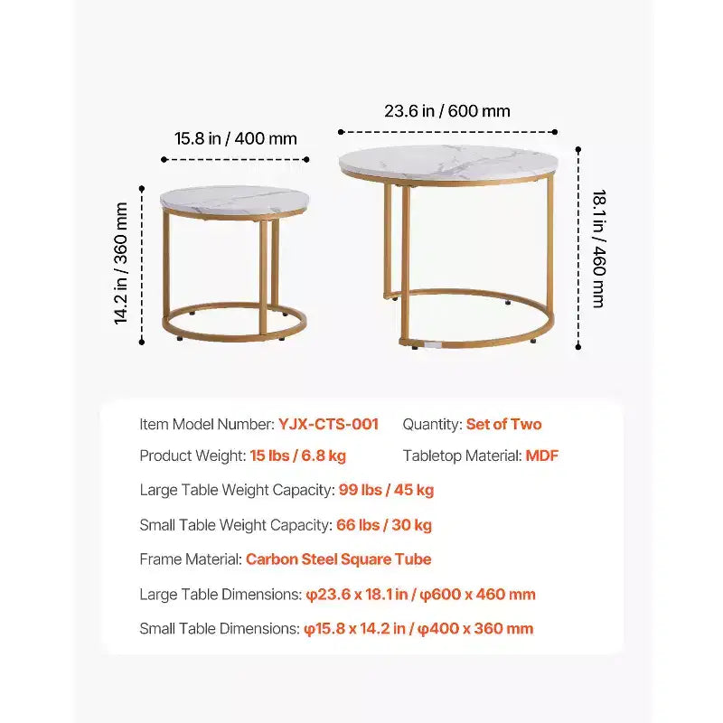 Ensemble de 2 tables basses gigognes en or blanc, tables d'appoint rondes de 60 cm en MDF imitation marbre et structure métallique pour petits espaces