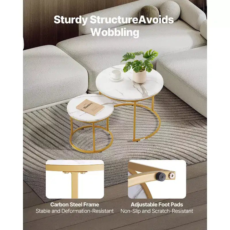 Ensemble de 2 tables basses gigognes en or blanc, tables d'appoint rondes de 60 cm en MDF imitation marbre et structure métallique pour petits espaces