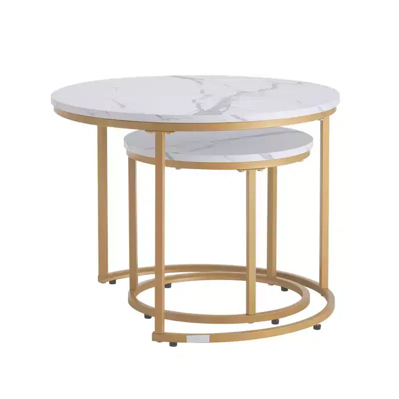 Ensemble de 2 tables basses gigognes en or blanc, tables d'appoint rondes de 60 cm en MDF imitation marbre et structure métallique pour petits espaces