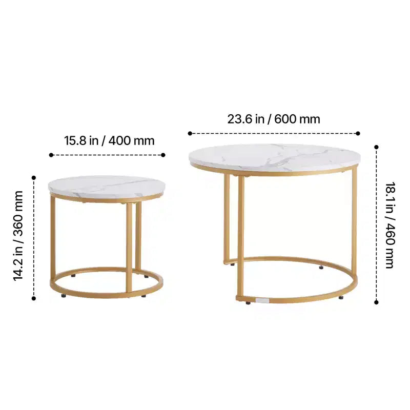 Ensemble de 2 tables basses gigognes en or blanc, tables d'appoint rondes de 60 cm en MDF imitation marbre et structure métallique pour petits espaces