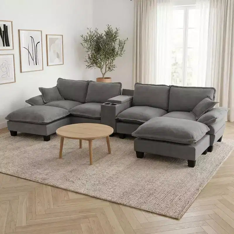 Canapé en forme de U Vicky 143 en chenille, avec porte-gobelets et rangement, par GDFStudio