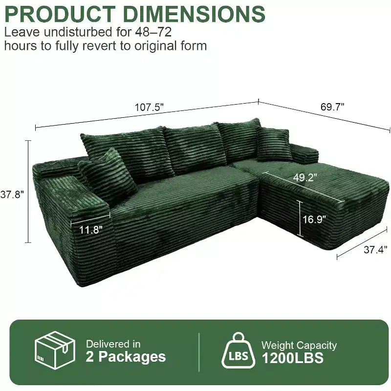 Canapés modulables MooxvMoo 107.5, canapé compressé en forme de L avec assise profonde, coussin décoratif, méridienne pour salon, vert