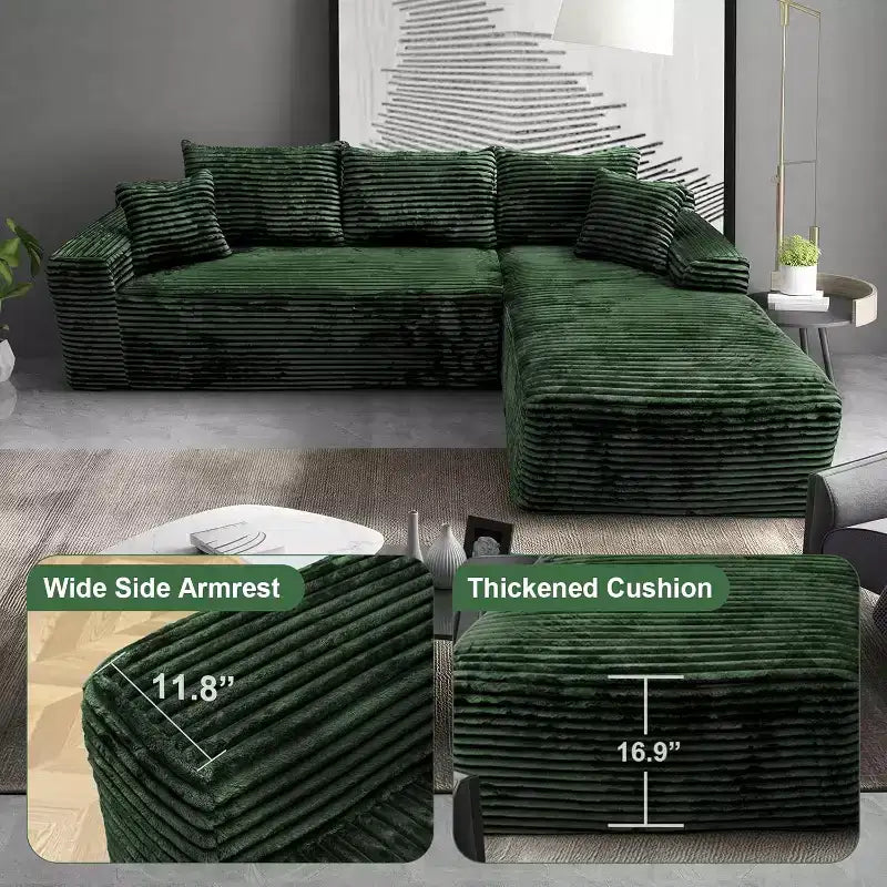 Canapés modulables MooxvMoo 107.5, canapé compressé en forme de L avec assise profonde, coussin décoratif, méridienne pour salon, vert