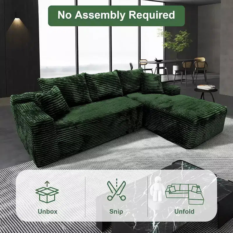 Canapés modulables MooxvMoo 107.5, canapé compressé en forme de L avec assise profonde, coussin décoratif, méridienne pour salon, vert