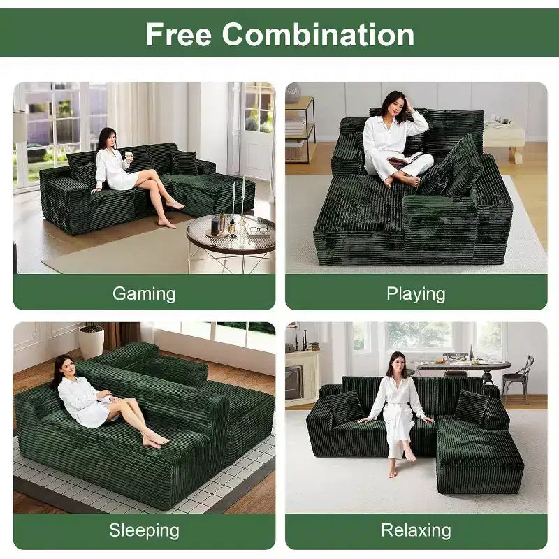 Canapés modulables MooxvMoo 107.5, canapé compressé en forme de L avec assise profonde, coussin décoratif, méridienne pour salon, vert