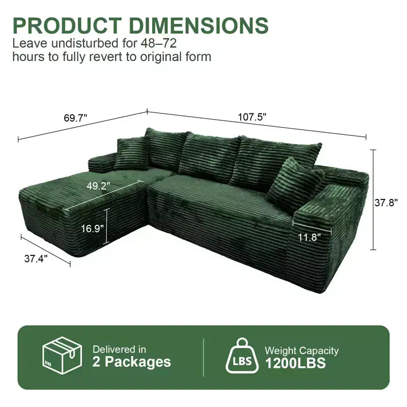 MooxvMoo Canapé d'angle modulaire 107.5, canapé sans accoudoirs en forme de L avec assise profonde, coussin décoratif, méridienne gauche pour salon, vert