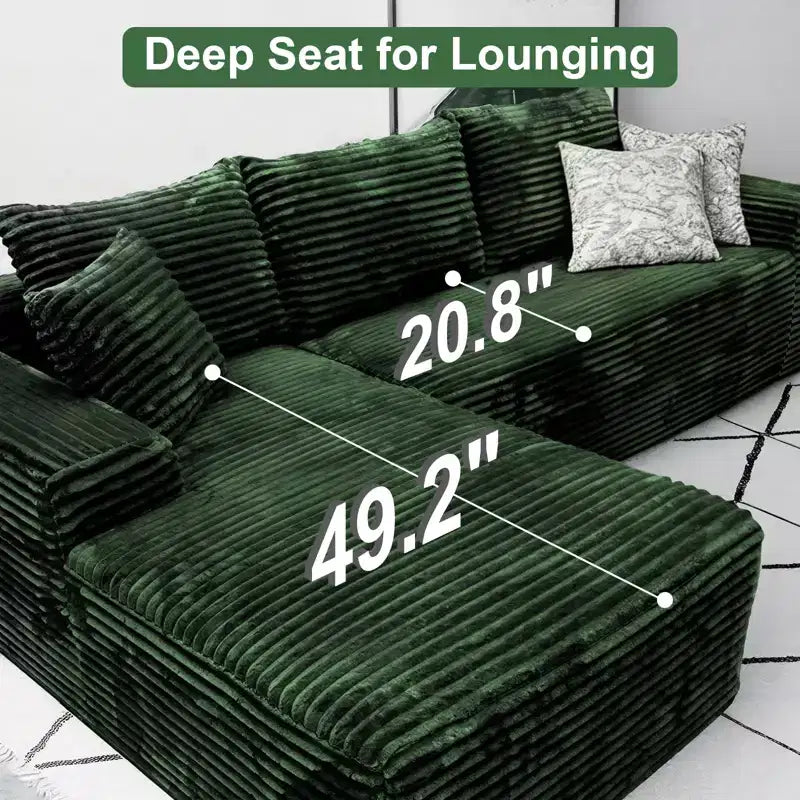 MooxvMoo Canapé d'angle modulaire 107.5, canapé sans accoudoirs en forme de L avec assise profonde, coussin décoratif, méridienne gauche pour salon, vert