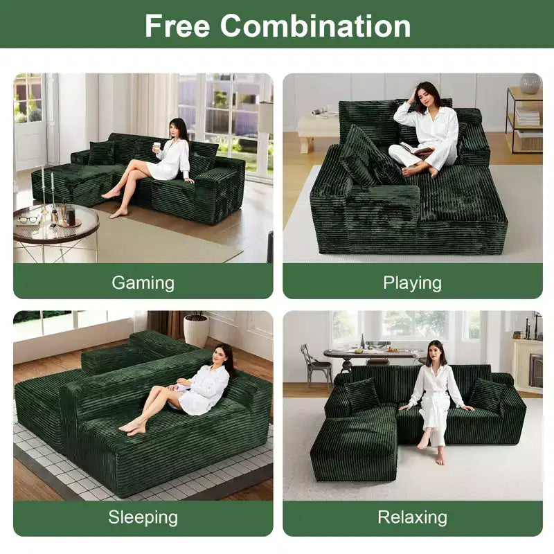 MooxvMoo Canapé d'angle modulaire 107.5, canapé sans accoudoirs en forme de L avec assise profonde, coussin décoratif, méridienne gauche pour salon, vert