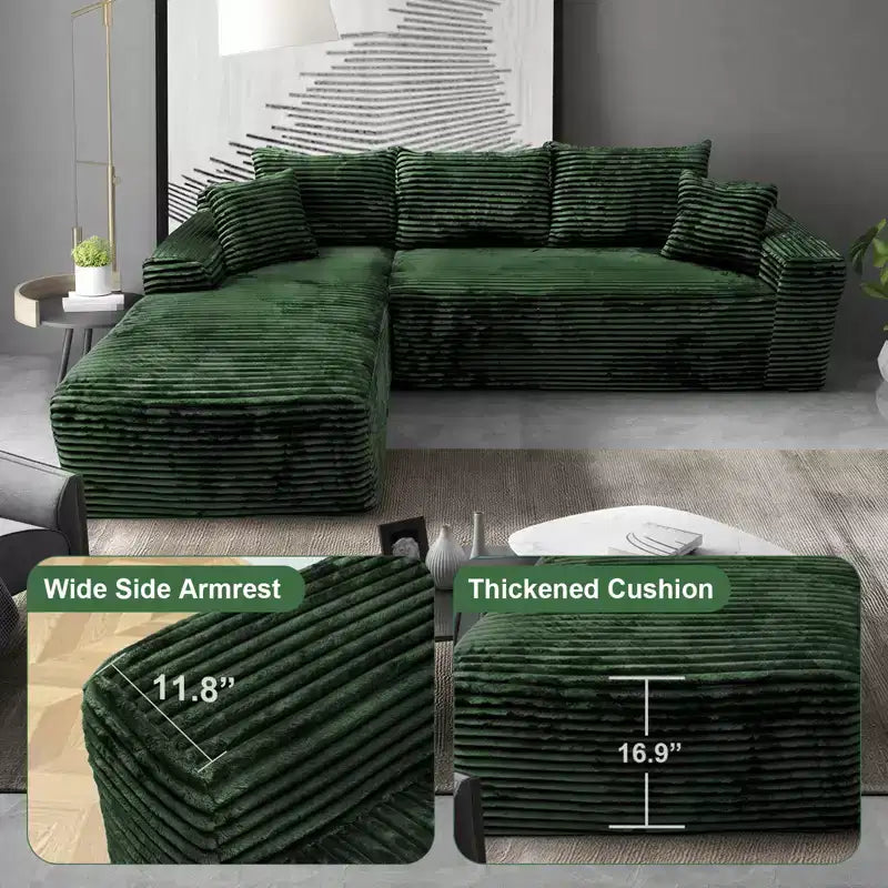 MooxvMoo Canapé d'angle modulaire 107.5, canapé sans accoudoirs en forme de L avec assise profonde, coussin décoratif, méridienne gauche pour salon, vert