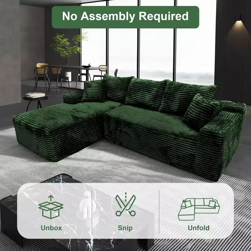 MooxvMoo Canapé d'angle modulaire 107.5, canapé sans accoudoirs en forme de L avec assise profonde, coussin décoratif, méridienne gauche pour salon, vert