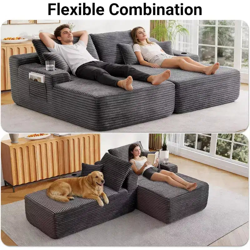 Canapé sectionnel double MooxvMoo, chaise longue d'intérieur avec assise profonde et coussins, aucun assemblage requis, gris