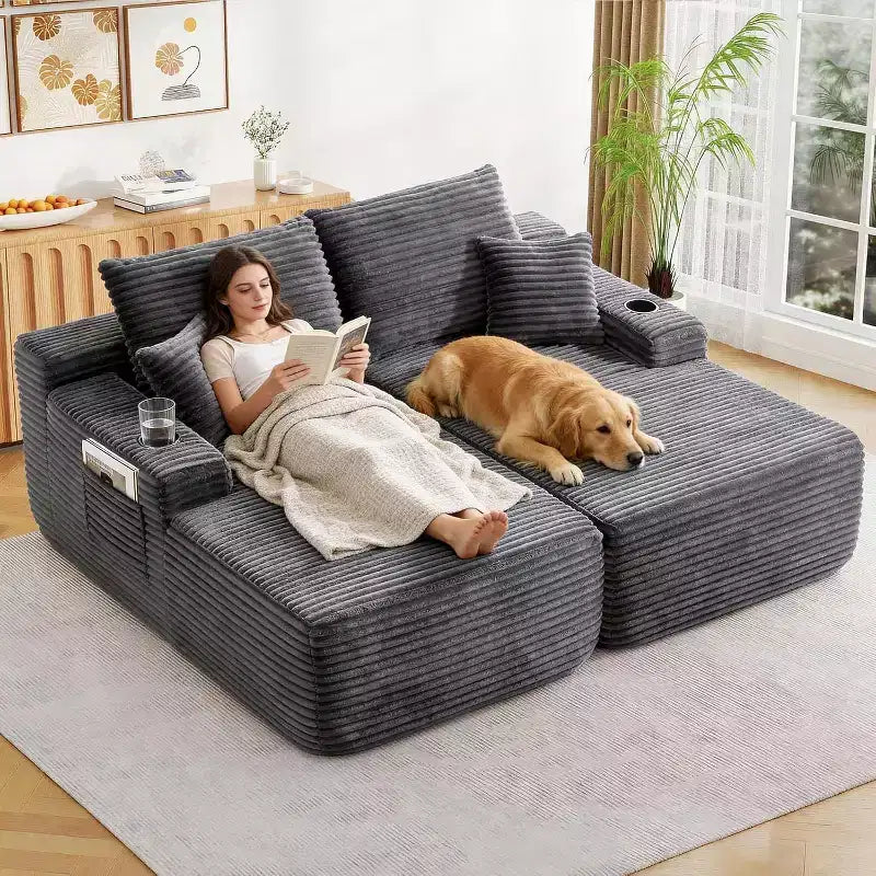 Canapé sectionnel double MooxvMoo, chaise longue d'intérieur avec assise profonde et coussins, aucun assemblage requis, gris