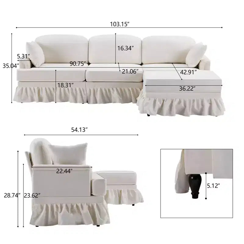 Canapé sectionnel GDFStudio Hiroto moderne 4 pièces en bois et tissu chenille avec jupe plissée amovible à volants et accoudoirs évasés