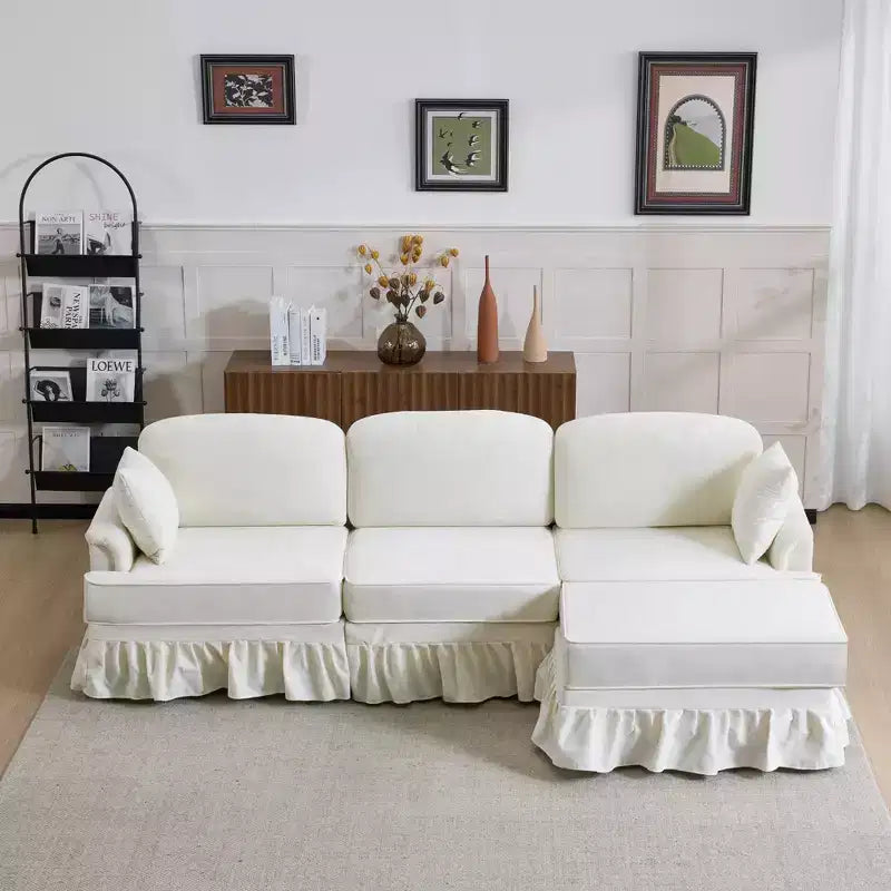 Canapé sectionnel GDFStudio Hiroto moderne 4 pièces en bois et tissu chenille avec jupe plissée amovible à volants et accoudoirs évasés