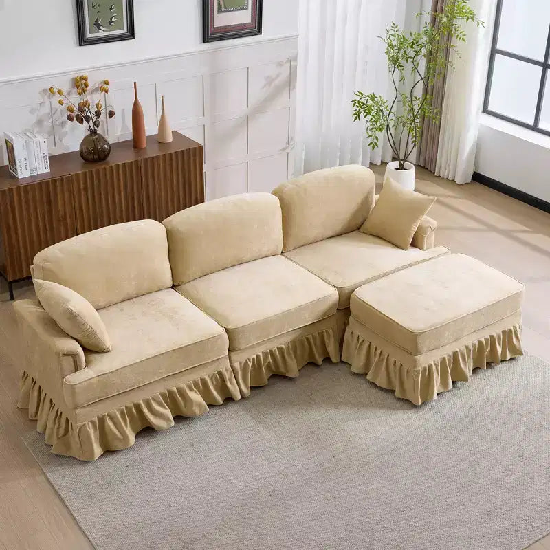 Canapé sectionnel GDFStudio Hiroto moderne 4 pièces en bois et tissu chenille avec jupe plissée amovible à volants et accoudoirs évasés