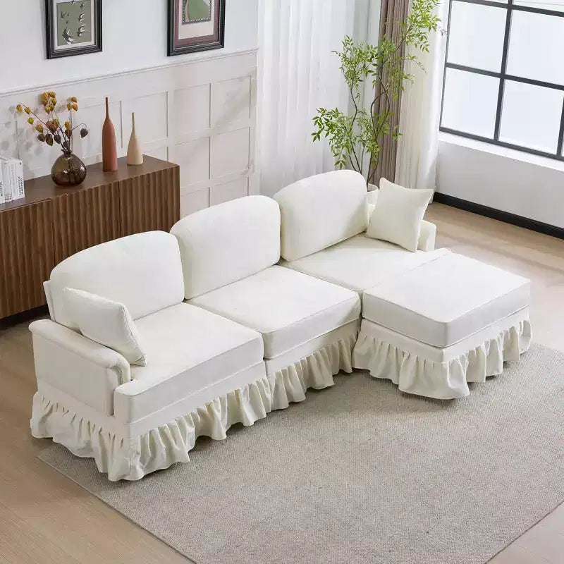 Canapé sectionnel GDFStudio Hiroto moderne 4 pièces en bois et tissu chenille avec jupe plissée amovible à volants et accoudoirs évasés
