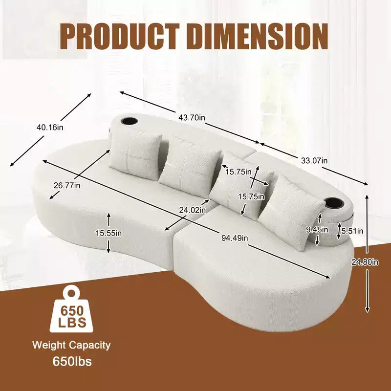 Canapé d'angle modulable incurvé, canapé 3 places avec porte-gobelets, pochette latérale et 4 oreillers pour salon, bureau, appartement - ModernLuxe
