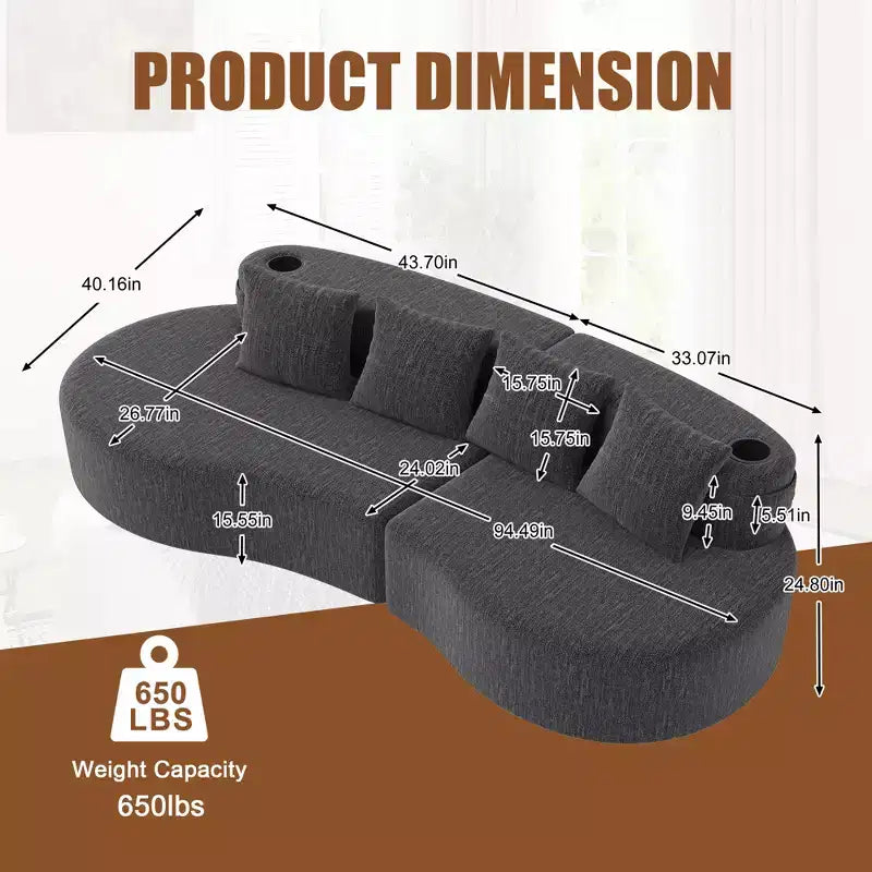 Canapé d'angle modulable incurvé, canapé 3 places avec porte-gobelets, pochette latérale et 4 oreillers pour salon, bureau, appartement - ModernLuxe