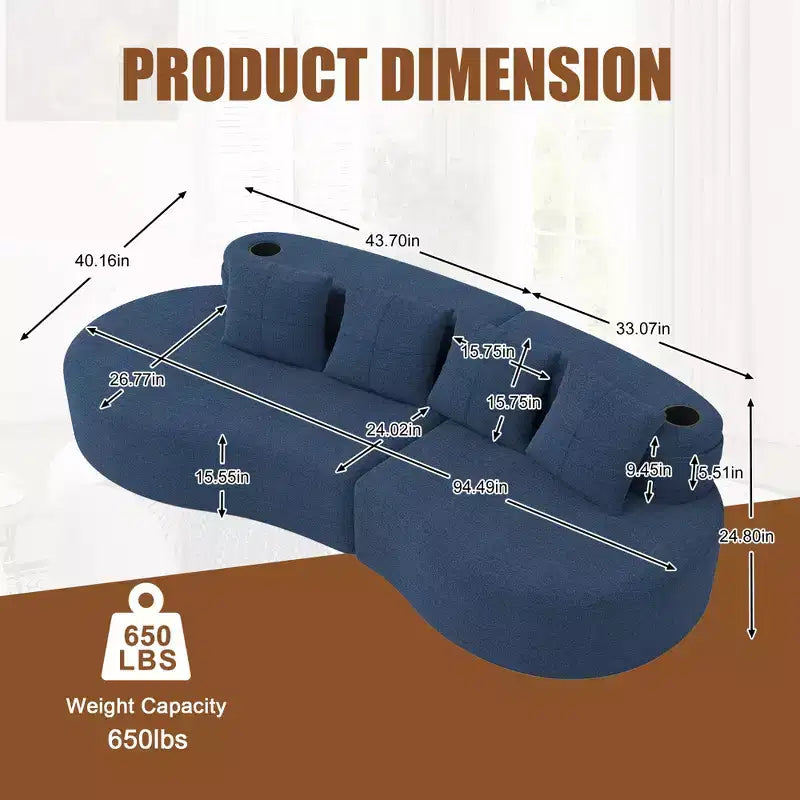 Canapé d'angle modulable incurvé, canapé 3 places avec porte-gobelets, pochette latérale et 4 oreillers pour salon, bureau, appartement - ModernLuxe
