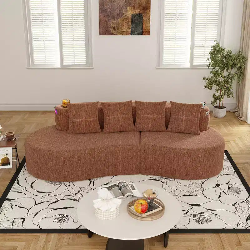 Canapé d'angle modulable incurvé, canapé 3 places avec porte-gobelets, pochette latérale et 4 oreillers pour salon, bureau, appartement - ModernLuxe