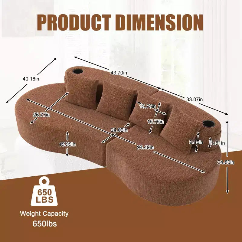 Canapé d'angle modulable incurvé, canapé 3 places avec porte-gobelets, pochette latérale et 4 oreillers pour salon, bureau, appartement - ModernLuxe