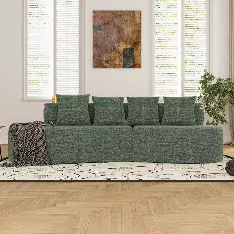 Canapé d'angle modulable incurvé, canapé 3 places avec porte-gobelets, pochette latérale et 4 oreillers pour salon, bureau, appartement - ModernLuxe