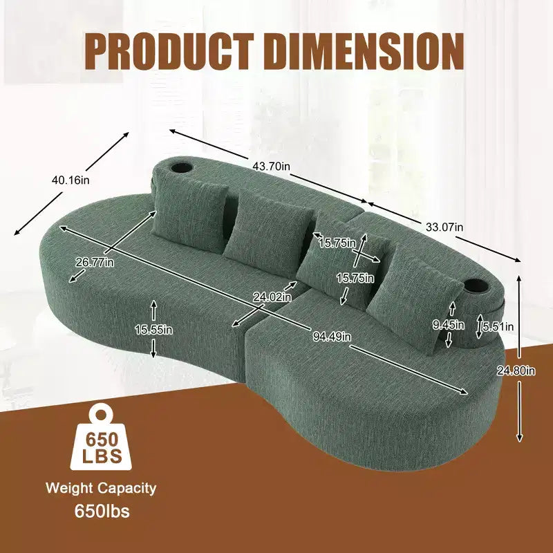 Canapé d'angle modulable incurvé, canapé 3 places avec porte-gobelets, pochette latérale et 4 oreillers pour salon, bureau, appartement - ModernLuxe