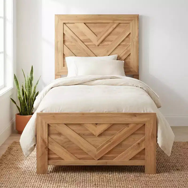 Cadre de lit en bois rustique GDFStudio Hudson, avec tête de lit et pied de lit à chevrons