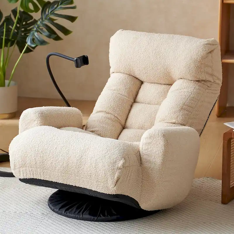 Fauteuil inclinable pivotant simple en bouclette beige avec dossier et appui-tête réglables