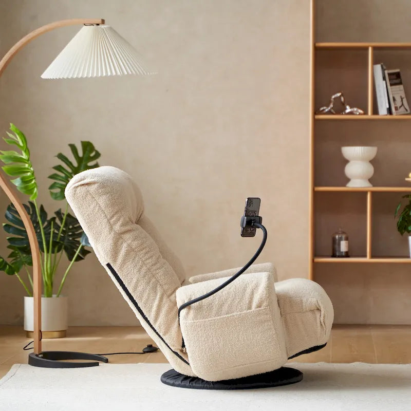 Fauteuil inclinable pivotant simple en bouclette beige avec dossier et appui-tête réglables