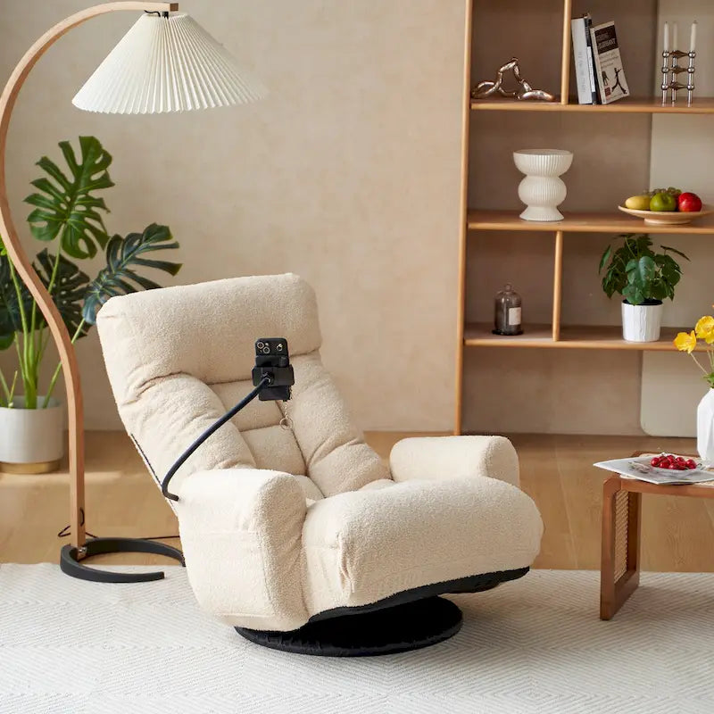 Fauteuil inclinable pivotant simple en bouclette beige avec dossier et appui-tête réglables