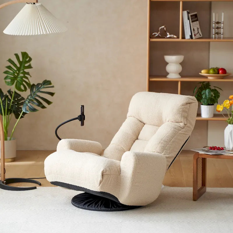 Fauteuil inclinable pivotant simple en bouclette beige avec dossier et appui-tête réglables