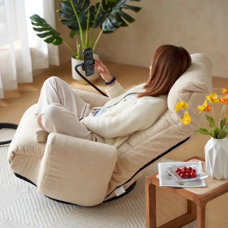 Fauteuil inclinable pivotant simple en bouclette beige avec dossier et appui-tête réglables