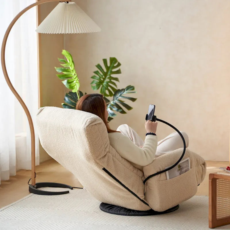 Fauteuil inclinable pivotant simple en bouclette beige avec dossier et appui-tête réglables
