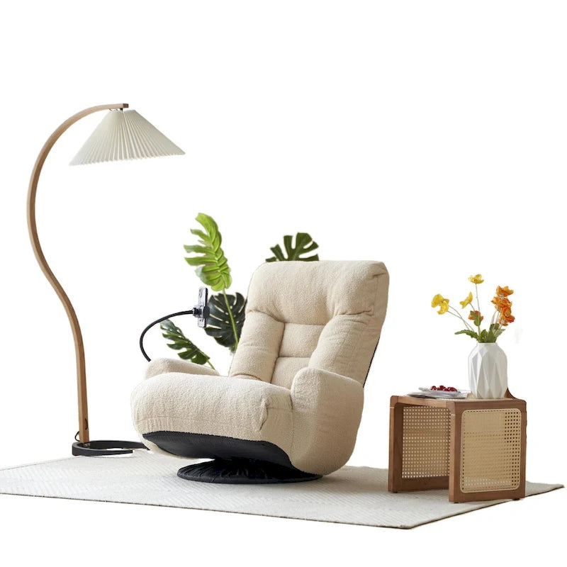 Fauteuil inclinable pivotant simple en bouclette beige avec dossier et appui-tête réglables