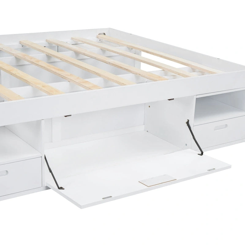 Lit plateforme queen blanc avec tiroirs de rangement et étagères ouvertes, 2 personnes