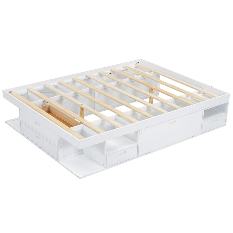 Lit plateforme queen blanc avec tiroirs de rangement et étagères ouvertes, 2 personnes