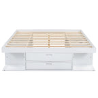Lit plateforme queen blanc avec tiroirs de rangement et étagères ouvertes, 2 personnes