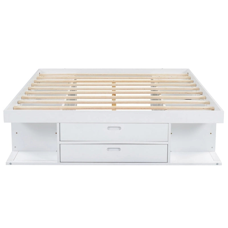 Lit plateforme queen blanc avec tiroirs de rangement et étagères ouvertes, 2 personnes