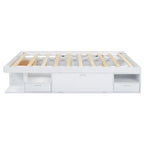 Lit plateforme queen blanc avec tiroirs de rangement et étagères ouvertes, 2 personnes