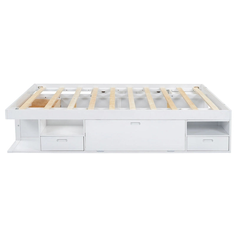 Lit plateforme queen blanc avec tiroirs de rangement et étagères ouvertes, 2 personnes