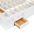 Lit plateforme queen blanc avec tiroirs de rangement et étagères ouvertes, 2 personnes