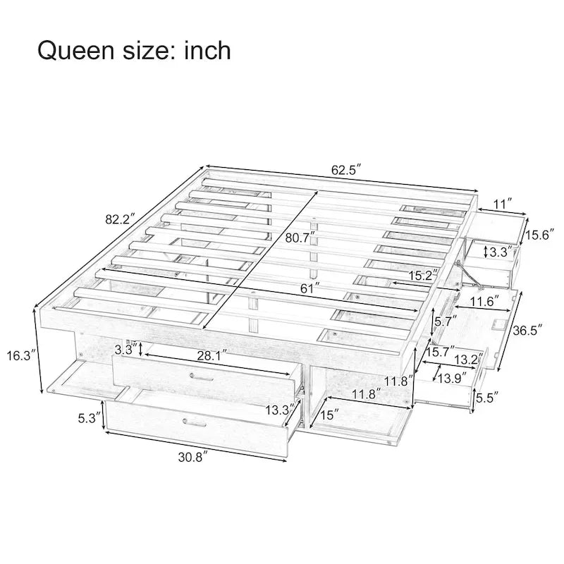 Lit plateforme queen blanc avec tiroirs de rangement et étagères ouvertes, 2 personnes