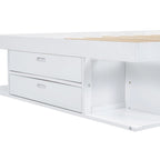 Lit plateforme queen blanc avec tiroirs de rangement et étagères ouvertes, 2 personnes